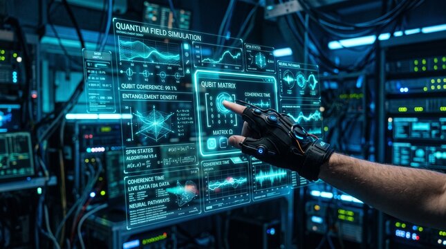 Close-up of quantum physicist's hand interacting with holographic quantum computing and particle physics analytics dashboards in warm golden lighting, Gen by AI