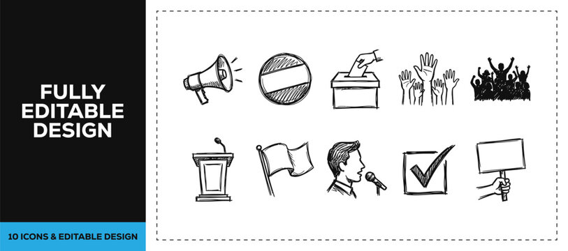 Black ink scribble hand drawn democratic voting and election campaign icon set bundle featuring doodle sketch vector illustrations for government and leadership branding art res.