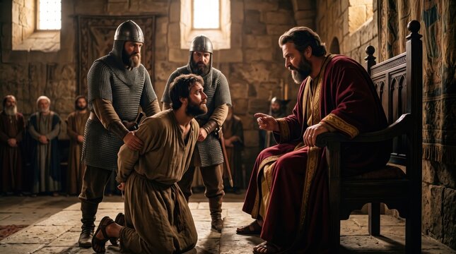 Man kneeling before a king in a royal court. A servant pleading for mercy before his lord regarding an unpaid debt. Biblical scene from the parable of the unforgiving servant in scripture.