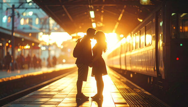 A silhouette of a couple kissing at a train station