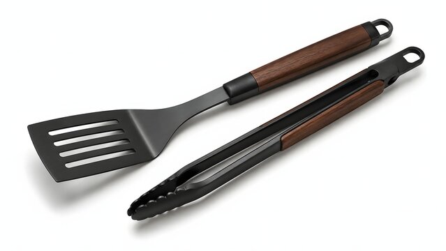 High-quality studio photo of a black metal spatula and cooking tongs with wooden handles, isolated on a white background. Suitable for culinary blogs, e-commerce, and cooking design.