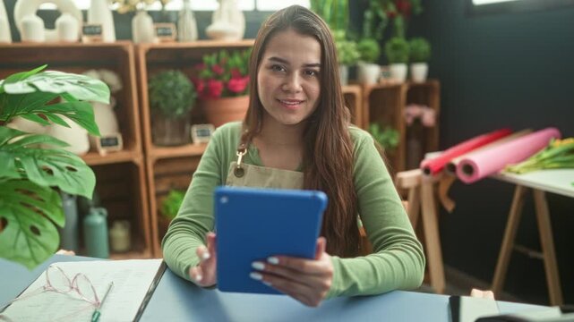 Woman florist in apron holding tablet and smiling at camera among potted plants and floral wrapping paper in studio; friendly small business.