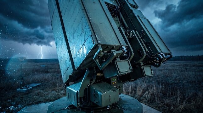 Close up of military phased array radar operating during storm with rain and lightning, illustrating resilient surveillance technology, threat detection and all weather defense capability