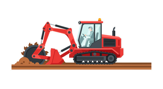 Red Tracked Trencher Machine Vector Illustration - Heavy Duty Trenching Equipment for Construction and Utility Work