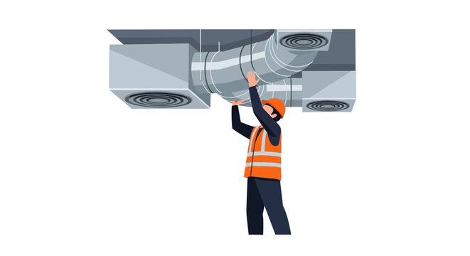 HVAC Technician Installing Ventilation System Air Duct Vector Illustration