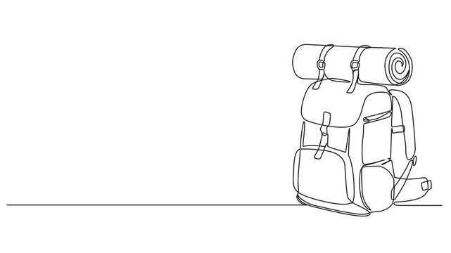 animated continuous line drawing of hiking backpack with rolled sleeping mat attached, minimalist single outdoor travel adventure concept, line art animation