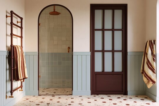 Bathroom interior featuring dusty slate blue painted wainscoting, arched shower entrance, and modern fixtures with a stylish door and towel rack