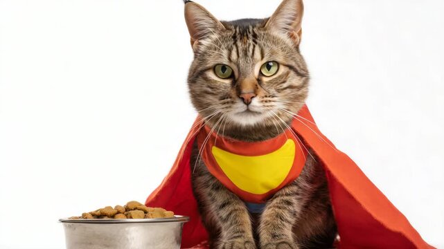 A fuzzy cat wearing a vibrant red and yellow Superman cape with a bowl of food in front of it.