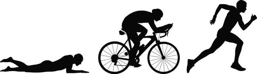 Naklejka premium Triathlon, athlete silhouette collection with swim, bike and run action poses for sports and fitness, editable vector set.