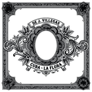 Vintage ornamental frame with floral elements and decorative scrollwork design in black and white.