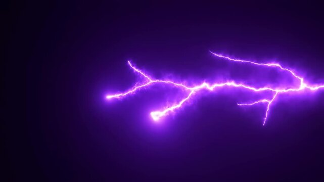  Slow motion shot of bright purple lightning bolt flashing and striking across dark night sky, electric storm energy