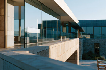Fototapeta premium Modern architecture features sleek glass panels and stone elements, reflecting a harmonious blend of nature and innovative design under clear blue skies.