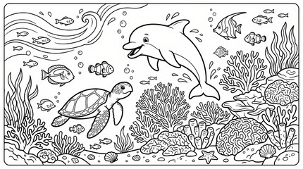 Obraz premium Underwater scene with dolphin, turtle, and coral reef illustration
