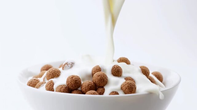Close up slow motion shot of milk pouring into white bowl with round chocolate cereal balls, breakfast splash food
