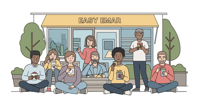 Diverse people eating and drinking together outside a local shop