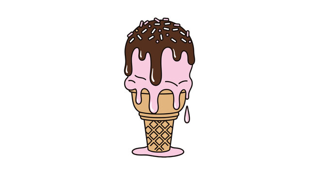 Melting strawberry ice cream cone with chocolate and sprinkles