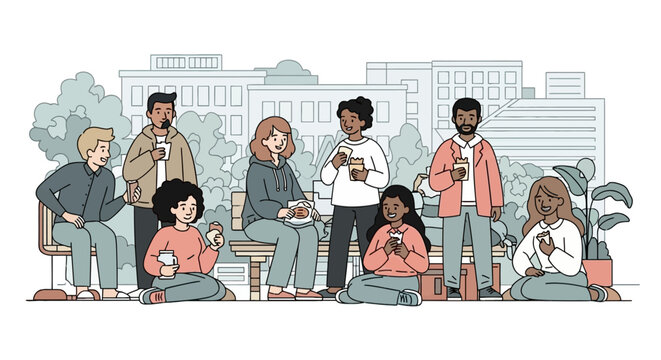 Diverse friends gathering in an urban park drinking coffee