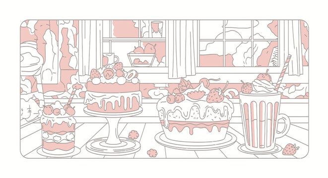 Pink pixel art desserts with cakes and strawberry drink