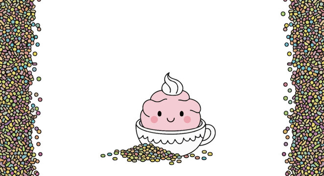 Cute Smiling Pink Dessert in a Cup with Colorful Sprinkles