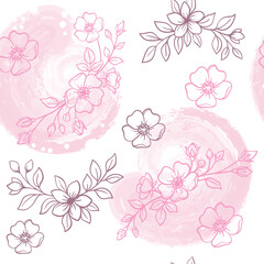 Fototapeta premium Pink floral seamless pattern elegant line art flowers on watercolor brush stroke circles vector illustration repeat background
