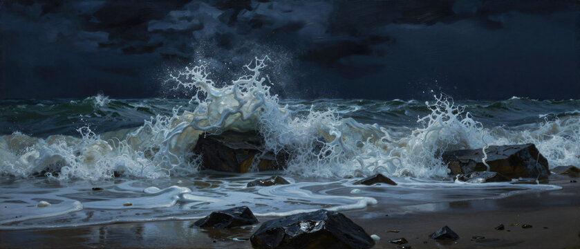 Powerful sea waves breaking over rocks during storm