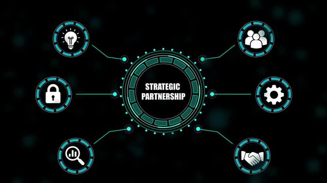 Strategic partnership business concept with and central circle on dark background business partnership