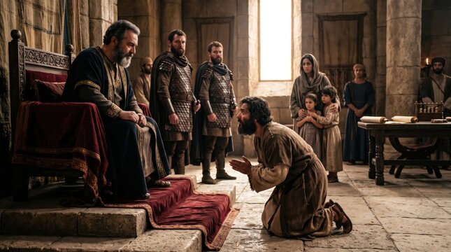 Servant kneeling and begging for mercy before a king in a royal throne room. Biblical parable scene of the unforgiving debtor. Historical drama illustration of ancient faith lesson.