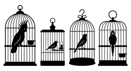 Birdcages And Birds Silhouette Collection Black And White Graphic © MstSuraiya