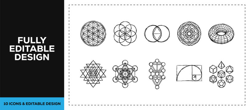 Black ink scribble hand drawn sacred geometry and fractal symbols icon set featuring pattern and mandala for spiritual branding and professional vector doodle math design art res hd.