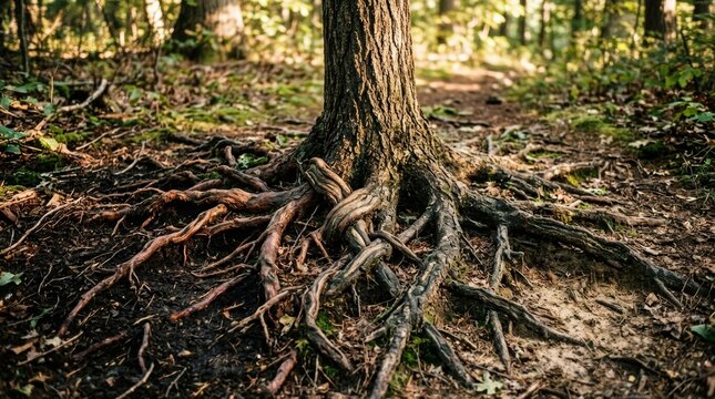 Twisted tree roots spreading over dark soil in a sunlit forest