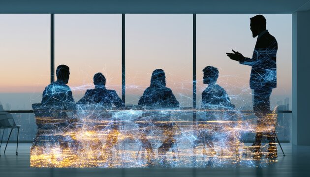 Silhouetted figures attend a meeting, glowing with digital data streams