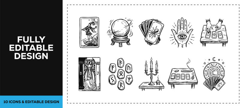 Black ink scribble hand drawn tarot cards and fortune telling icon set featuring magic globe and palmistry for mystic branding and professional vector doodle occult design art res.