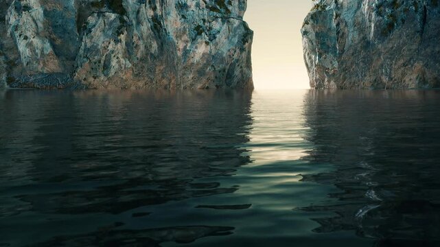 Water flows gently between two tall cliffs during early morning. The surface reflects soft light from the rising sun. The scene shows a quiet and remote area of nature.