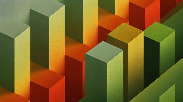 A geometric abstract composition featuring colorful rectangular prisms in various shades