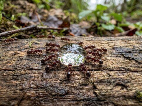 Ants surrounding a large water droplet on a fallen tree trunk in a forest.