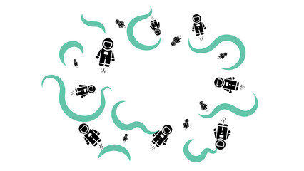 A playful illustration of astronauts floating amidst whimsical, swirling shapes. Frame design © Premium_art