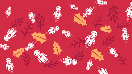 Playful astronauts and holiday leaves on a vibrant red background. © Premium_art