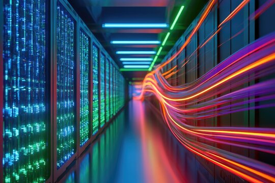 Futuristic data center with glowing lines of light representing data flow