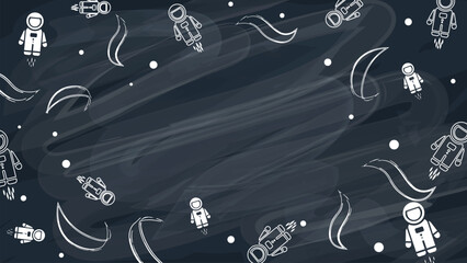 Fun space-themed illustration with astronauts and rockets on a dark chalkboard background. © Premium_art