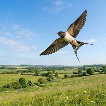 Barn Swallow in Flight Over Lush Green Rural Landscape on a Bright Sunny Day.