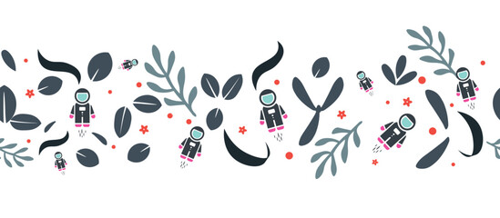 Colorful space-themed pattern with astronauts and playful flora elements. © Premium_art