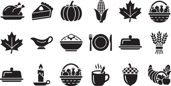 Thanksgiving dinner harvest autumn silhouette vector icons set for november