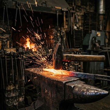 Blacksmith forging metal with hammer and anvil in a dark workshop.