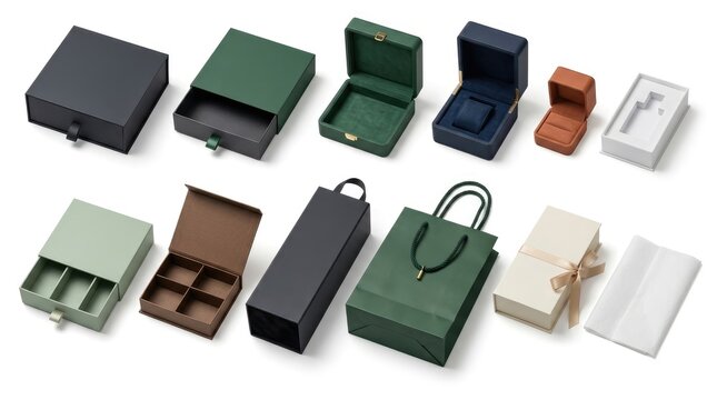 Luxury packaging collection assortment of high end boxes gift bags and inserts for jewelry and retail