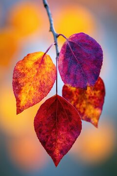 Vibrant autumn leaves transition from yellow to deep crimson on a branch