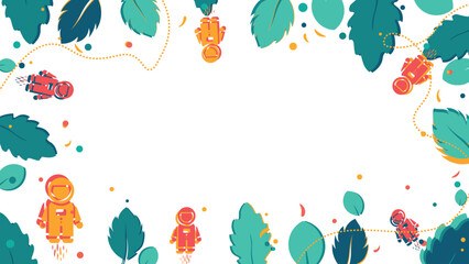 Colorful astronaut illustrations frame surrounded by vibrant leaves on a white background. © Premium_art