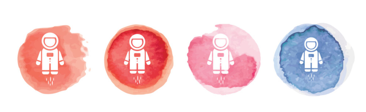 Colorful astronaut icons in red and blue watercolor backgrounds.