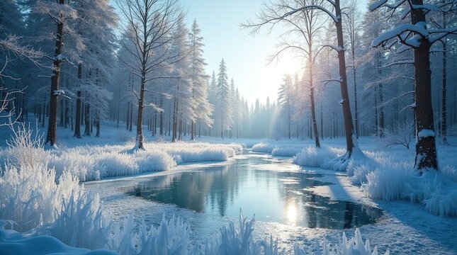 serene winter forest landscape with frozen river and snow covered trees under bright sunlight