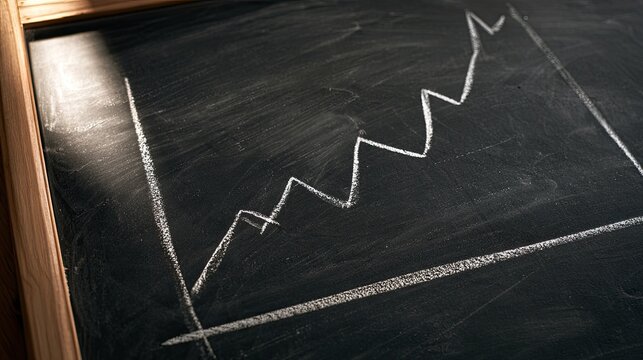 A chalk graph showing an upward trend is drawn on a dark blackboard