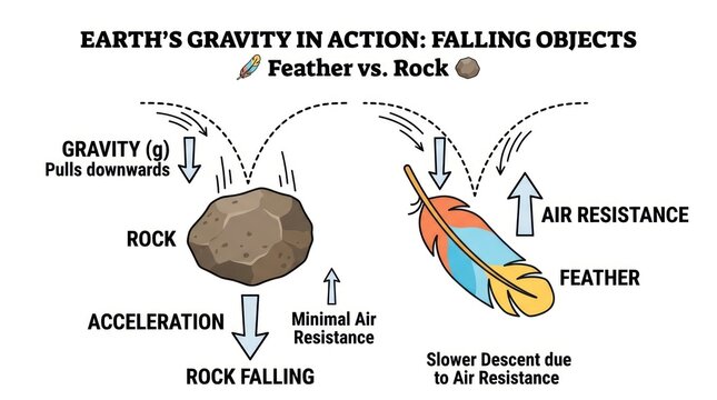 Feather falling against rock gravity air resistance scientific concept illustration.